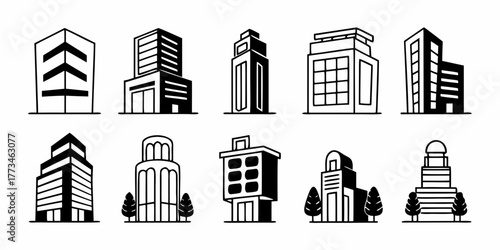 Illustrative collection of ten diverse black and white building structures with tree accents and clean lines