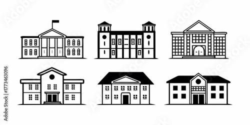 Illustration of six different architectural building designs in black and white outline style art work