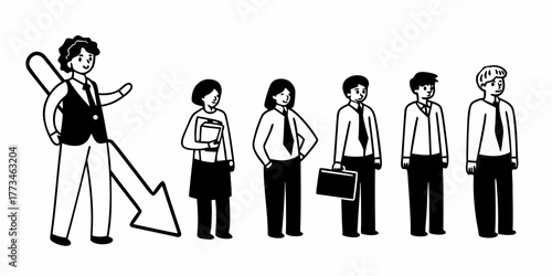Leader pointing to a downward arrow with business people standing in a line in black and white style