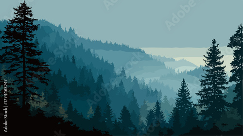 Misty conifer forest landscape with layered mountains