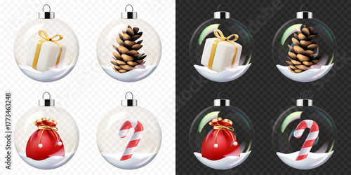 Set of Christmas and New Year transparent glass balls with snow, isolated. Equally suitable for dark and light backgrounds.
