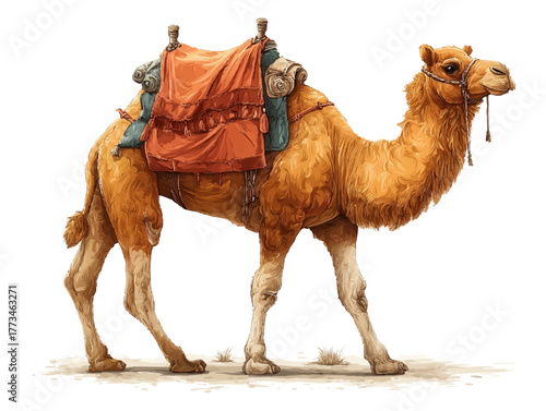 Watercolor camel with saddle and blankets on white — vintage travel illustration