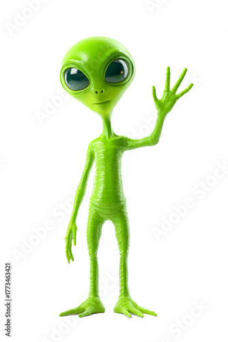 A funny 3D rendered cartoon illustration of a cute green smiling frog alien character