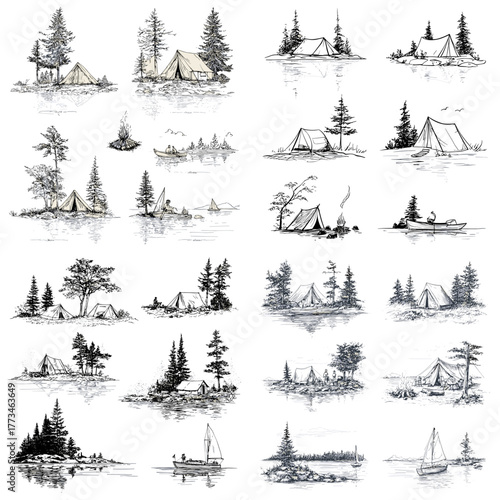 Ink and pencil sketch collection of tents, pine trees, boats, and campfires in natural forest scenes. Perfect for adventure illustration, travel design, and outdoor lifestyle projects.