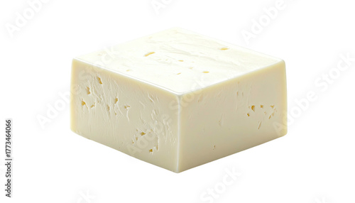 Creamy, square cheese cube with tiny holes