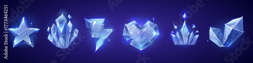 Crystal game crown, heart and star vector icon set