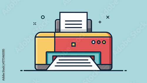 A colorful office printer with a printed paper document