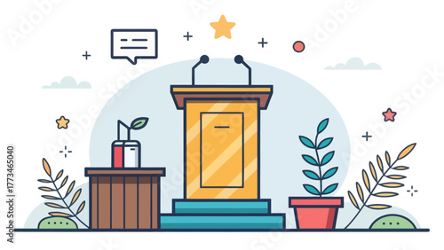 A Gold Podium with Microphones and Decorative Plants