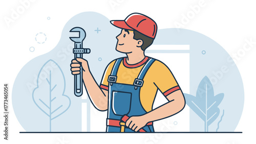 A plumber holding a wrench looking at the distance