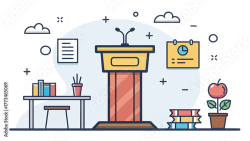 A red and yellow podium with microphones in a classroom setting