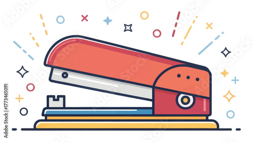 A red stapler with a bold design on a white backdrop