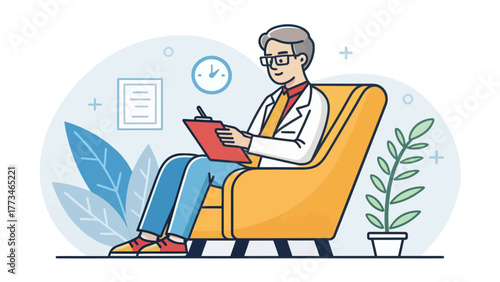 Psychiatrist sitting and reading from a clipboard in a chair
