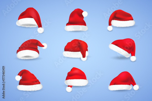 Realistic Santa Claus Hat Set — Christmas Red Cap Collection on Blue Background