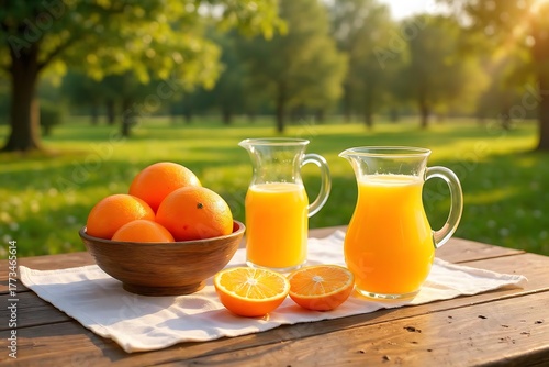 Fototapeta Naklejka Na Ścianę i Meble -  Fresh oranges and juice in a park orange juice pitchers