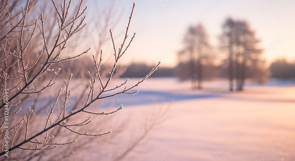 Obraz premium Close-up of frosty tree branches during a cold winter sunrise over a snow covered field