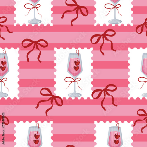 pattern with stamps with rectangular wine glass design with pink lines behind and red bows, Valentine's Day design, for web design, stickers, branding and decor
