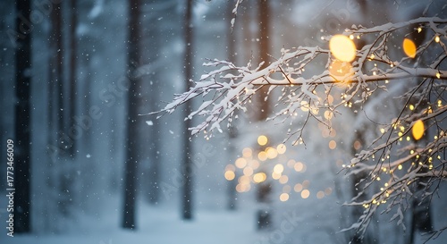 Fototapeta Naklejka Na Ścianę i Meble -  A snowy forest scene with illuminated branches in the foreground view