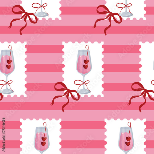 Stamp pattern with round wine glass design with pink lines behind, Valentine's Day design, for web design, stickers, branding and decor