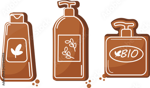 set of gingerbread cookies in the shape and design of cosmetic jars of various shapes and crumbs near them, for web design, stickers, branding and decor