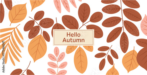 Autumn leaves vector background pattern with Hello Autumn text on a dark backdrop for seasonal design