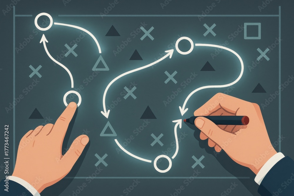 Fototapeta premium Strategic Planning Concept with Hands Drawing Path on Chart