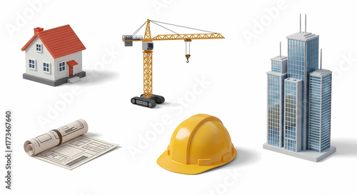 Construction and Building Concept House, Crane, Blueprint, Helmet, and Skyscrapers