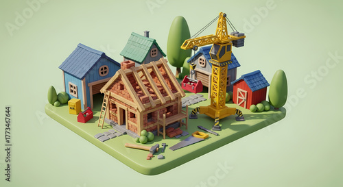 3D Isometric Illustration of a Housing Development Project with Construction in Progress