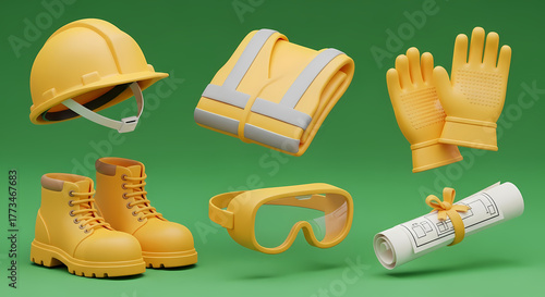 Construction Site Safety Gear and Equipment Rendered in Yellow Tones