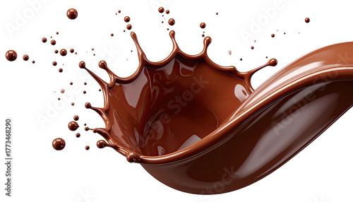 Liquid chocolate swirls into crown splash against black backdrop