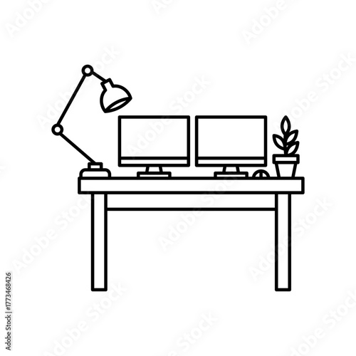 Dual Monitor Desk for Hybrid Work Line Icon