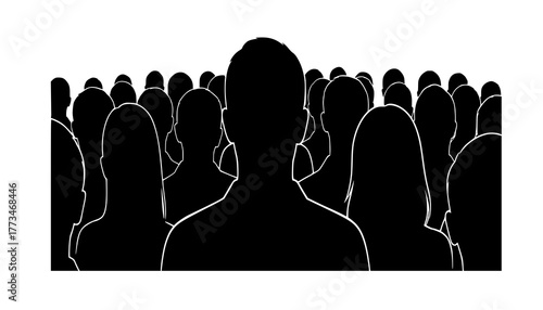 People heads silhouette. The audience sitting back view vector illustration. Back crowd.
