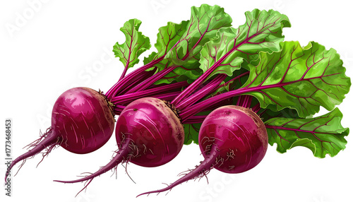 Three vibrant beets with green leaves against black