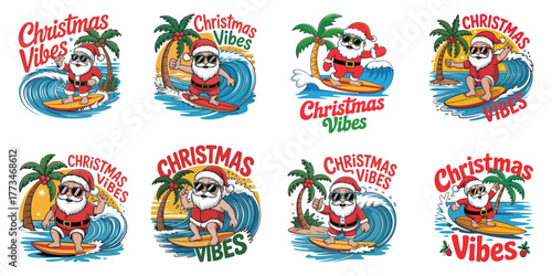 Cool Santa Claus surfing with Christmas vibes, enjoy the holidays with tropical fun, festive season at the beach, vector designs for shirts