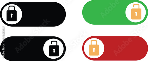 Modern lock toggle buttons in red, black, and green color styles, representing on or off security access for apps or interface design.