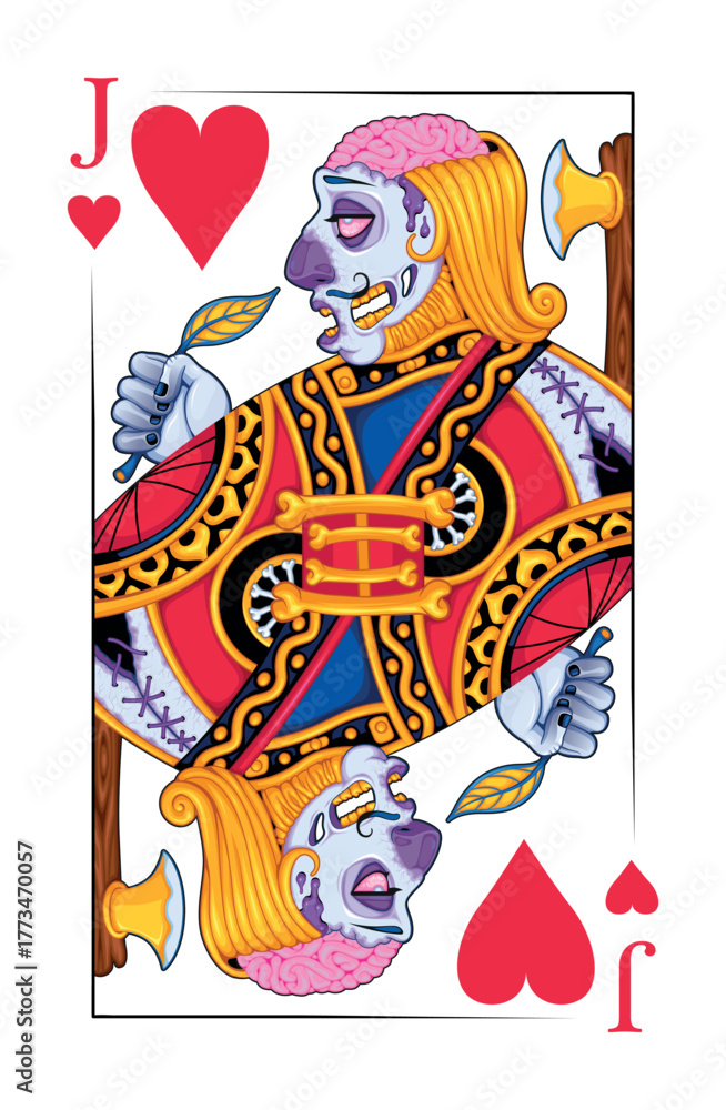 Fototapeta premium Zombie Jack of Hearts Playing Card. Vector illustration. 