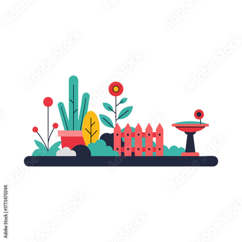 Colorful Garden Plants and Flower Bed Illustration