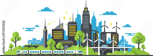 Modern Sustainable City with Electric Train and Renewable Energy