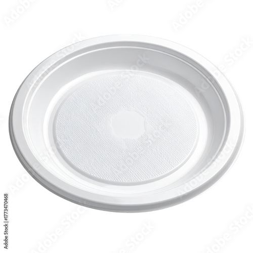 A top-down view of an empty, oval-shaped, white disposable plate