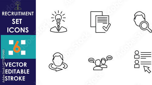 Minimalist recruitment icon set showing concepts like idea generation, document approval, profile search, communication, teamwork, and task listing, designed with editable vector stroke style