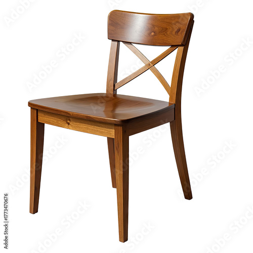 A wooden chair with an X-back design, showcasing craftsmanship and a warm finish