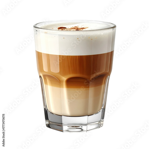 A layered coffee drink in a clear glass, topped with foam and a dusting