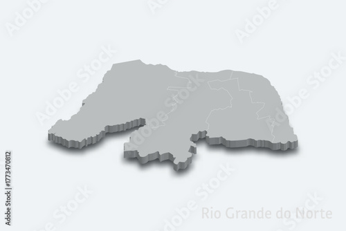 Rio Grande do Norte 3d map with borders regions. State of Brazil