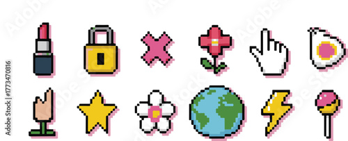 Diverse set of pixel art vector icons showcasing retro 8-bit digital graphics on a clean black background