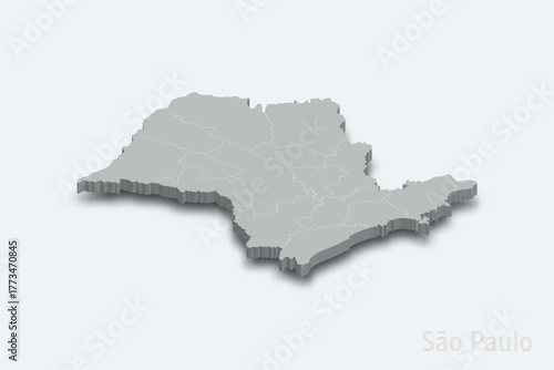 Sao Paulo 3d map with borders regions. State of Brazil