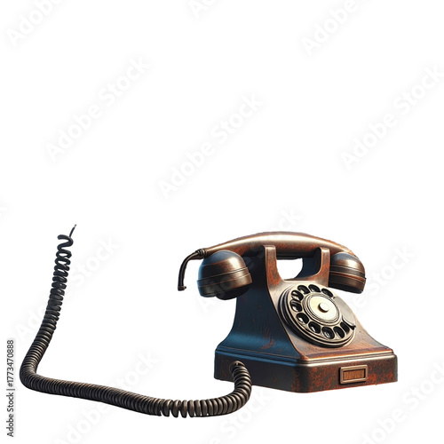 Antique telephone with rotary dial and coiled cord, aged copper color against black
