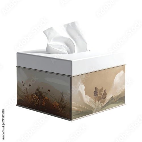 A box of facial tissues with an artistic floral design on the sides