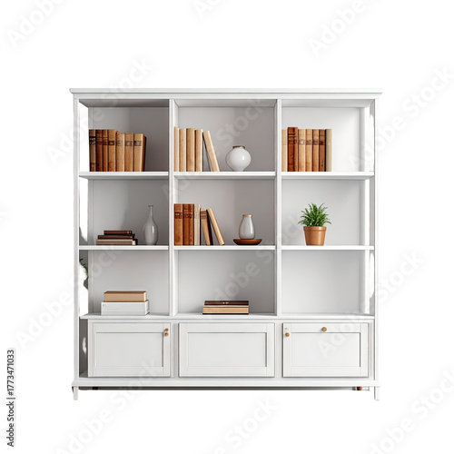 White bookshelf with multiple compartments holding books, vases, and a small plant