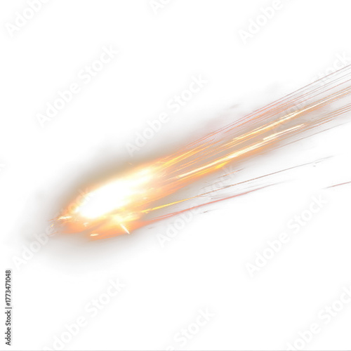 Meteorite png bright fireball with long trail across dark galaxy sky.
