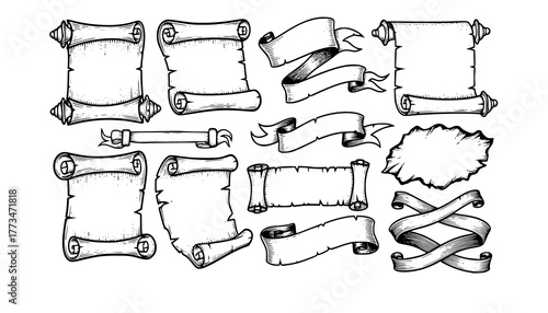 A scroll or banner parchment paper ribbon band in a vintage woodcut style
