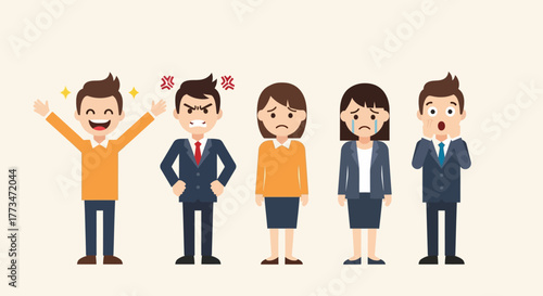 Flat vector illustration of people showing various emotions such as joy, anger, sadness, surprise